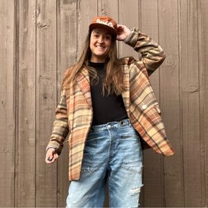 Free People Plaid Wool Blend Blazer Coat | Vintage Style Jacket - Size L